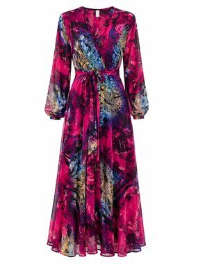 Sexy Diva Vibrant Abstract Print Long Sleeve Faux Wrap Maxi Dress